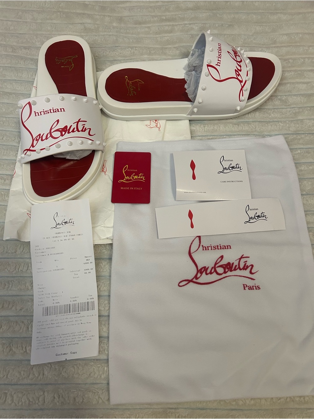Christian Louboutin White and Red Studded Slide Sandals - Picture 3 of 3